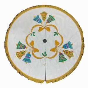 Vtg 1960s Bucilla Felt Tree Skirt Kit Finished Sequence Bells Bows Fringe 42"